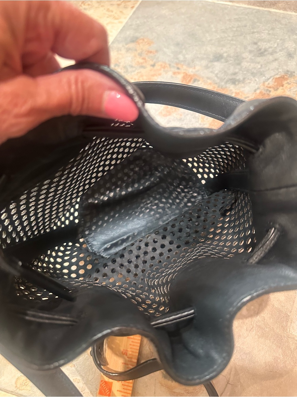 Loeffler Randall Industry Black Leather Perforated Drawstring Bucket Bag - Picture 9 of 12